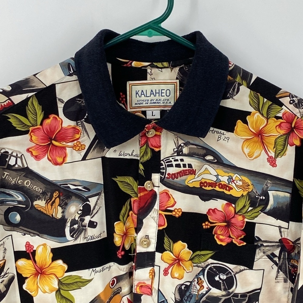 Vintage Hawaiian Shirt War Planes Pin-Up Girls Floral View 2